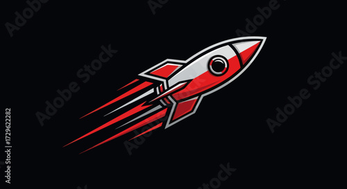 Red and white rocket launching into space.