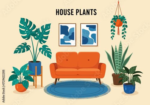 Cozy living room with orange sofa and various potted house plants