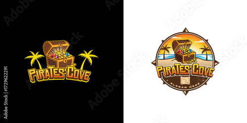 Pirates Cove Logo Designs vector. A logo with treasure chest, a pirate's cove, with the tropical island, and ocean in the background, symbol for adventure and a treasure.