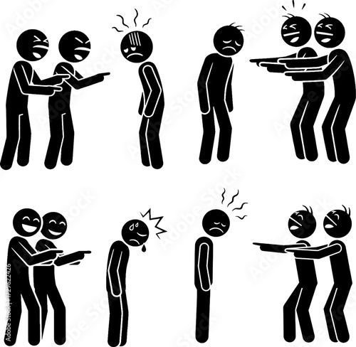 Bullying, Teasing, and Victim Harassment Stick Figure Icon Set