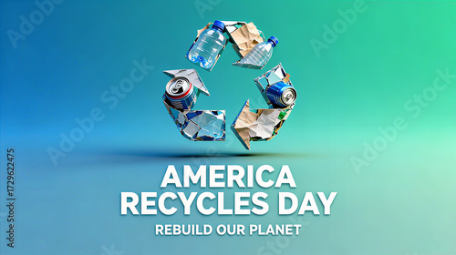 The recycling logo and various recyclable materials, as well as the US Recycling Day and the concept of rebuilding the Earth, are suitable for promoting environmental recycling themes.
