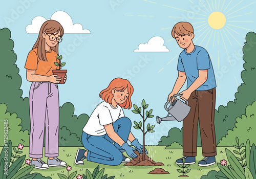 Three young people planting a sapling in a garden on a sunny day