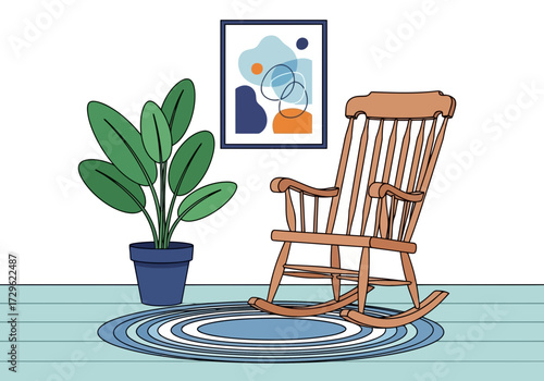 A wooden rocking chair and a potted plant on a rug