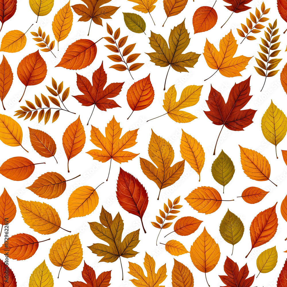 Fototapeta premium Colorful autumn leaves, scattered, rich hues, detailed foliage pattern on black