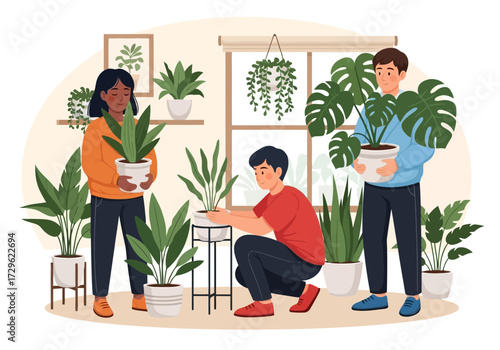 People caring for houseplants in a bright, indoor setting