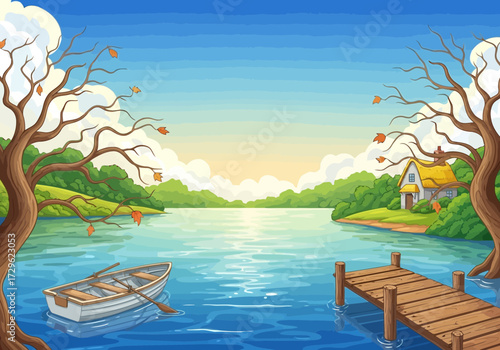 Rowboat tied to a wooden dock on a calm lake with trees and a house