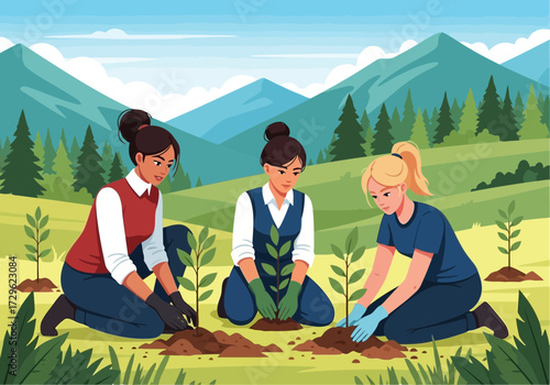 Three women planting trees in a lush green landscape with mountains