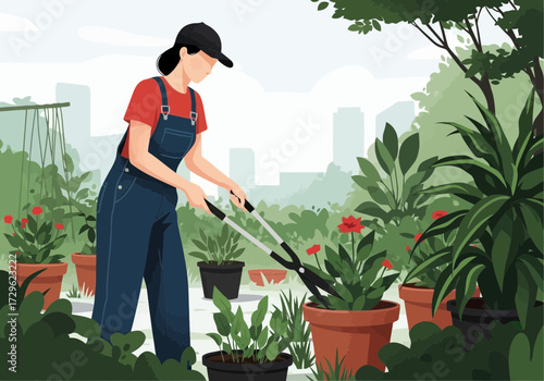 Woman tending to plants in a garden with cityscape in background