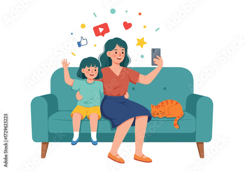 Mother and daughter taking a selfie with cat on sofa, social media icons