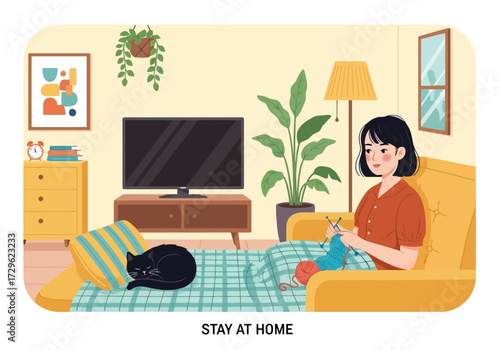 Woman knitting at home with cat and plant, staying indoors