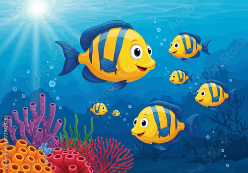 Cute yellow and blue striped fish swimming in a coral reef