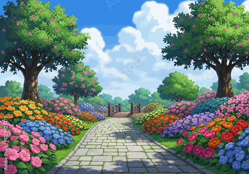 A picturesque stone pathway winds through a vibrant garden filled with blooming flowers