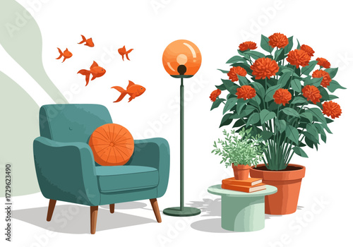 Cozy armchair with lamp and potted plant in a room