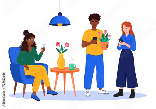 Diverse group of friends using smartphones in a cozy living room setting