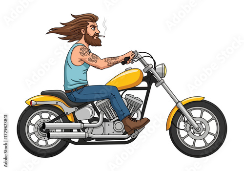 Bearded man riding a yellow motorcycle
