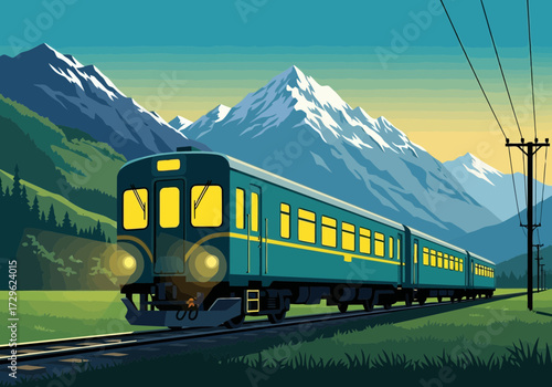 Vintage train traveling through a scenic mountain landscape at sunset
