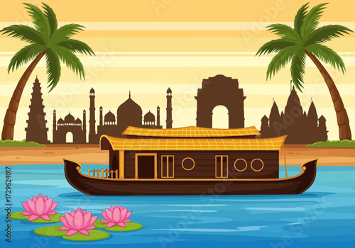 Houseboat on backwater with indian monuments and palm trees