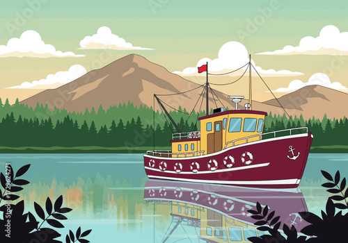 Fishing boat on calm water with mountains and forest in background