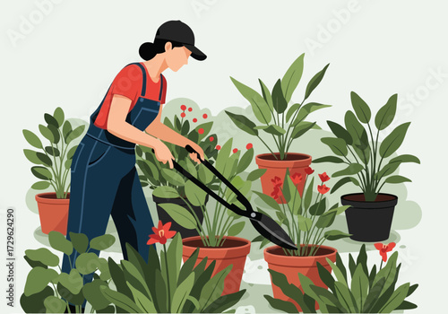 Woman gardener tending to potted plants with large shears