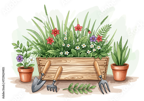 Watercolor illustration of a wooden planter box with flowers and garden tools