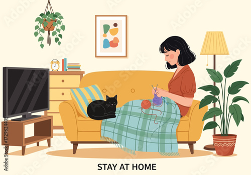 Woman knitting on sofa with cat and plant, staying home concept