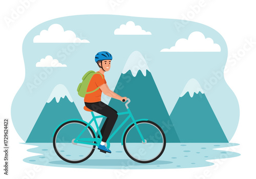 Man riding a bicycle with a backpack in the mountains