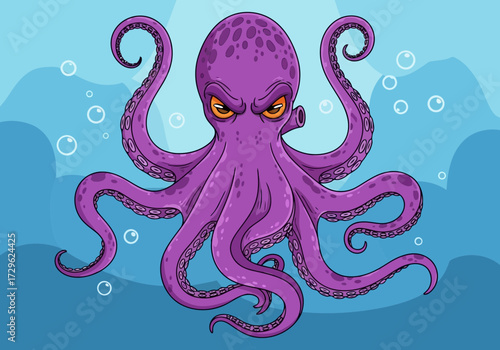 Angry purple octopus with tentacles spread in blue water with bubbles