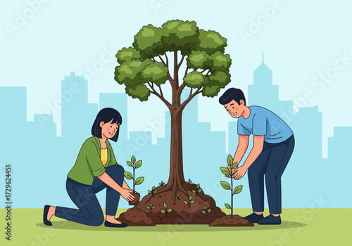 Couple planting a tree in the city, symbolizing environmental care