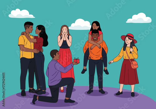Young couple proposing marriage with friends watching and celebrating