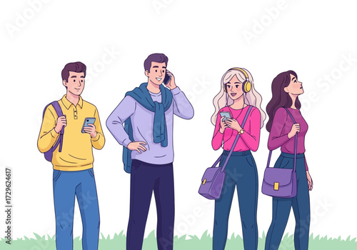 Diverse group of young people with smartphones and headphones