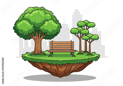 Floating island park with bench and trees