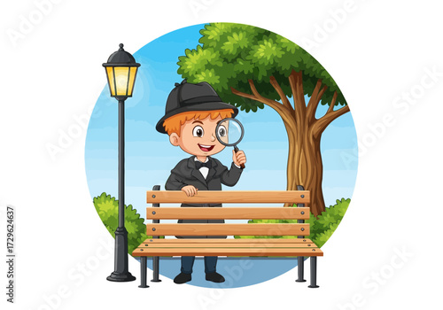 Young detective boy with magnifying glass sitting on park bench