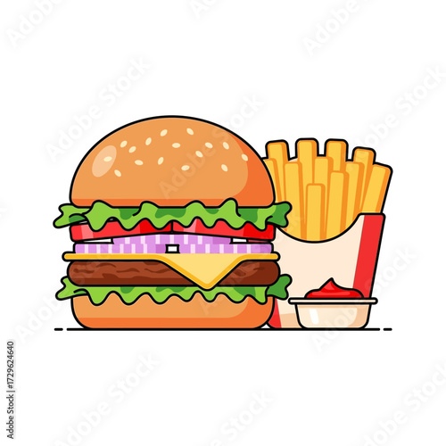 Delicious Cheeseburger and Fries Meal Illustration A Mouthwatering Combo for Food Lovers