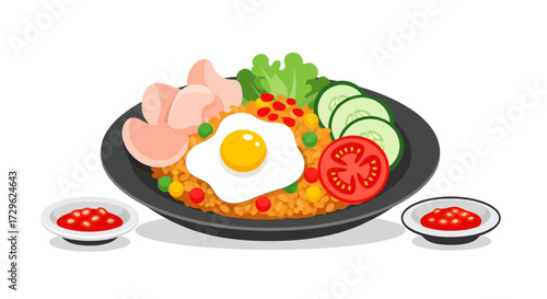 Delicious Indonesian Fried Rice with Egg, Vegetables, Crackers and Chili Sauce, Perfect for Lunch or Dinner