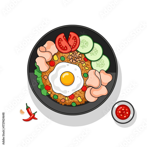 Flavorful fried rice meal illustration featuring a sunny-side-up egg, fresh vegetables, and crispy crackers, a complete and appetizing Asian-inspired dish