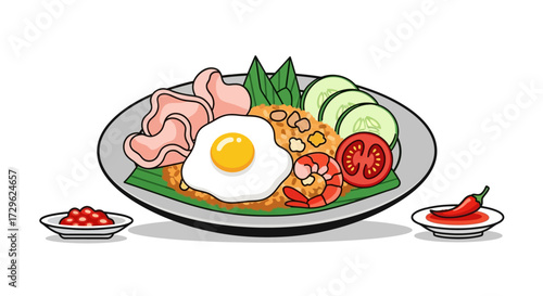 Savor this delicious Asian fried rice, a vibrant culinary delight with a sunny-side-up egg, shrimp, crackers, and fresh vegetables. A truly savory dish