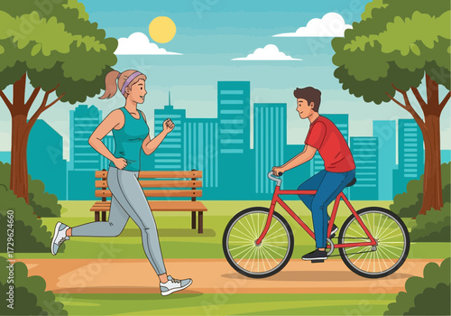 Woman jogging and man cycling in park with city skyline background