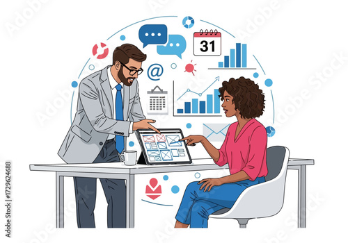 Two business people collaborating on a digital tablet with data visualization