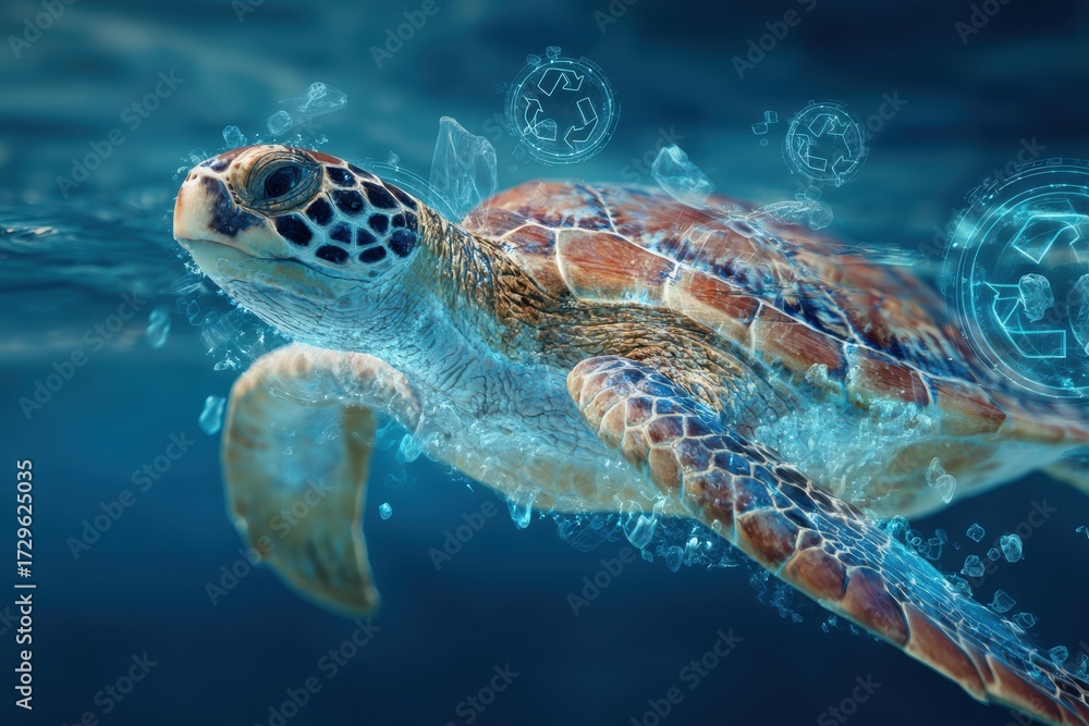 Fototapeta premium Sea Turtle's Underwater Journey: A majestic sea turtle gracefully glides through the clear, cool, blue water. Capture the peace and wonder of the ocean.