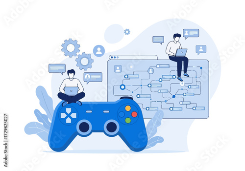 Game development concept with controller and flowchart