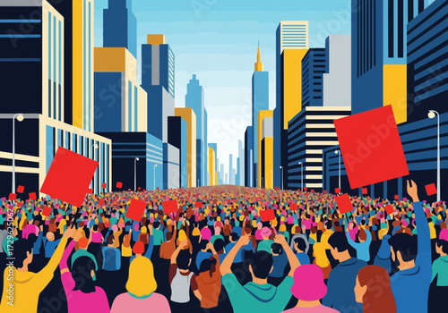 Crowd of people holding red signs in a city street protest