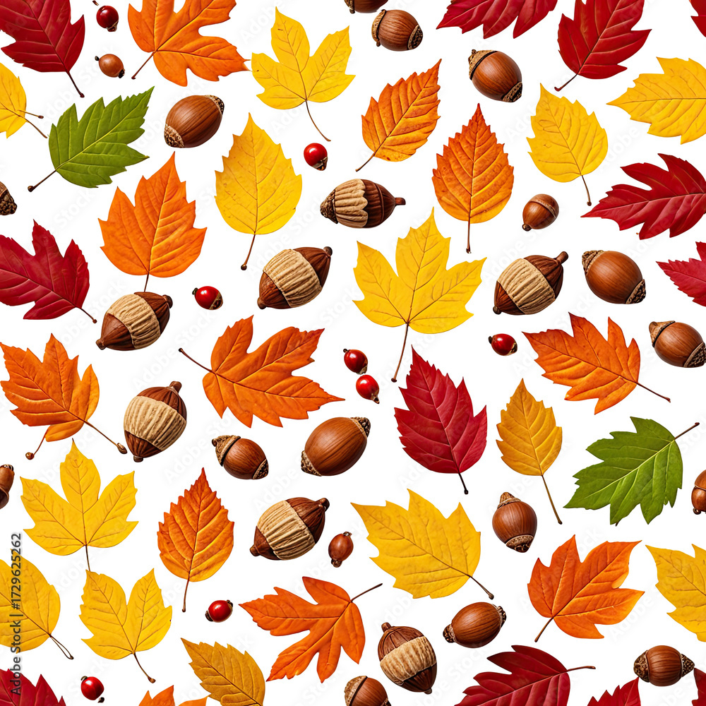 Obraz premium Colorful fall leaves, acorns, and berries scattered on black