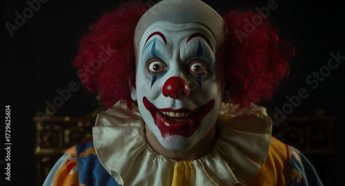Creepy clown portrait with a menacing grin