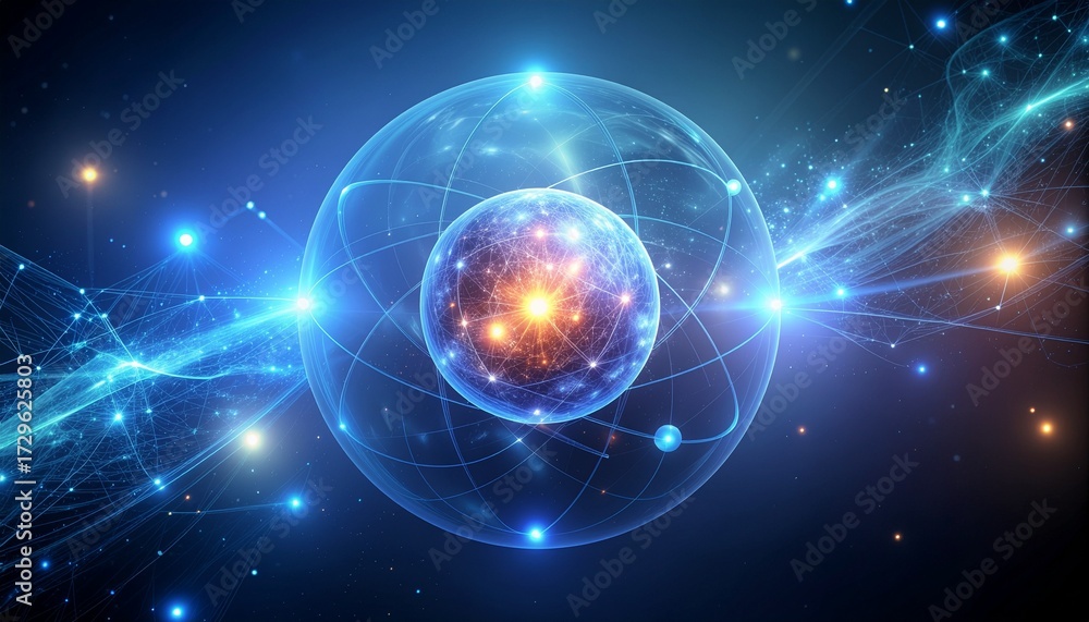 Fototapeta premium Widok atomów pierwiastków w modelu trójwymiarowym z widocznym jądrem atomu oraz elementami otaczającymi atom