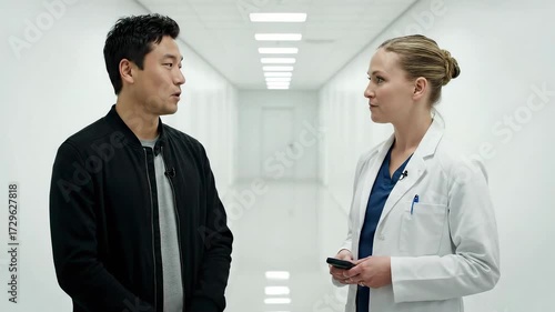 Two people having serious discussion in bright hospital hallway prob4