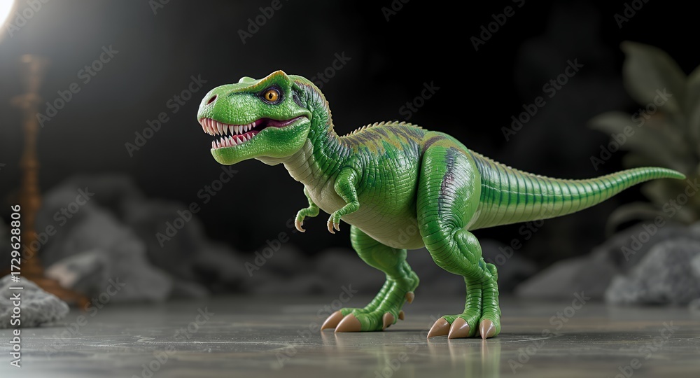 Fototapeta premium Green Tyrannosaurus Rex Toy on a Dark Backdrop