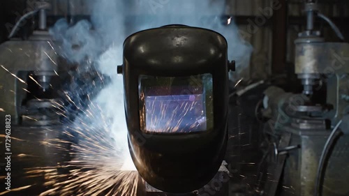 Welding Mask with Sparks and Industrial Machines in a Workshop Scene