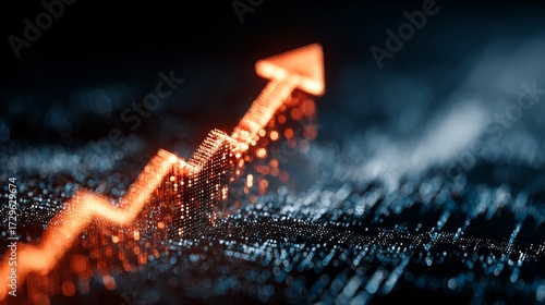Red arrow pointing upwards moving left to right on upward trend bar graph with digital blue waves on dark background, symbolizing business growth, positive market trends and success in futuristic simp