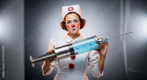 Medical Clown Holding Large Syringe with Blue Liquid