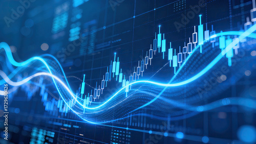 A blue stock market chart showing fluctuating lines and various financial indicators for market analysis.